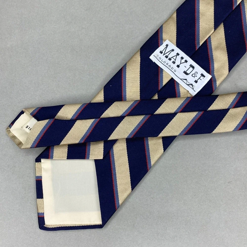 VTG May‎ D&F Striped Repp Tie Mens Silk Navy Cream Red Regimental Preppy 56x3.5